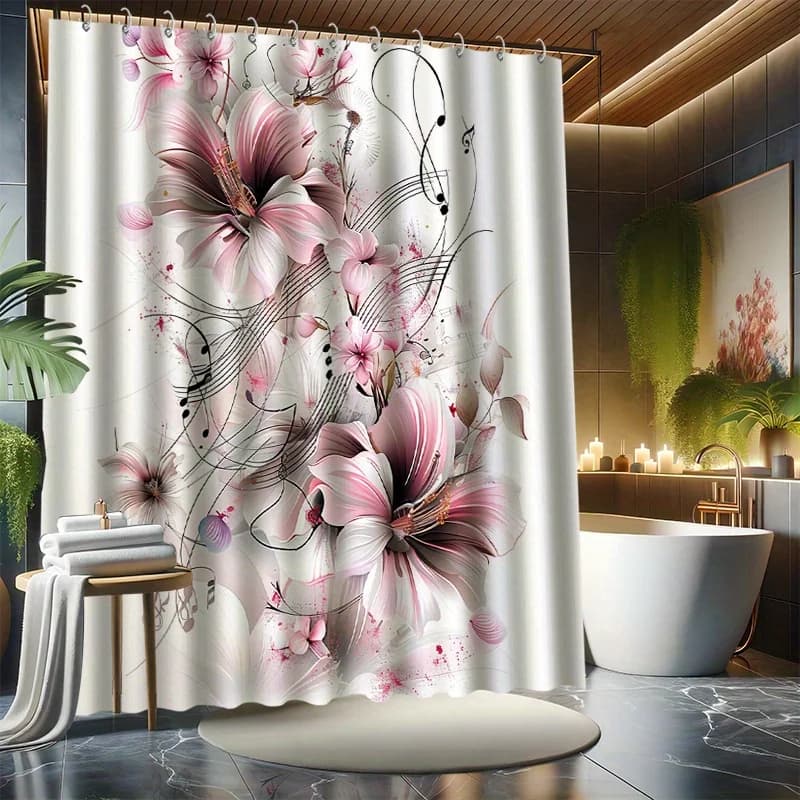 Set tenda da doccia floreale rosa e bianco: con note musicali, serie artistica, poliestere impermeabile, arredamento moderno per il bagno