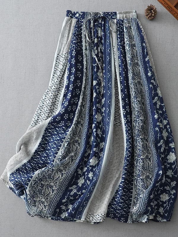 Retro Style Women's Midi Skirt Large Size Linen Material Floral Print Color Block Versatile Commute Artistic Casual Shape