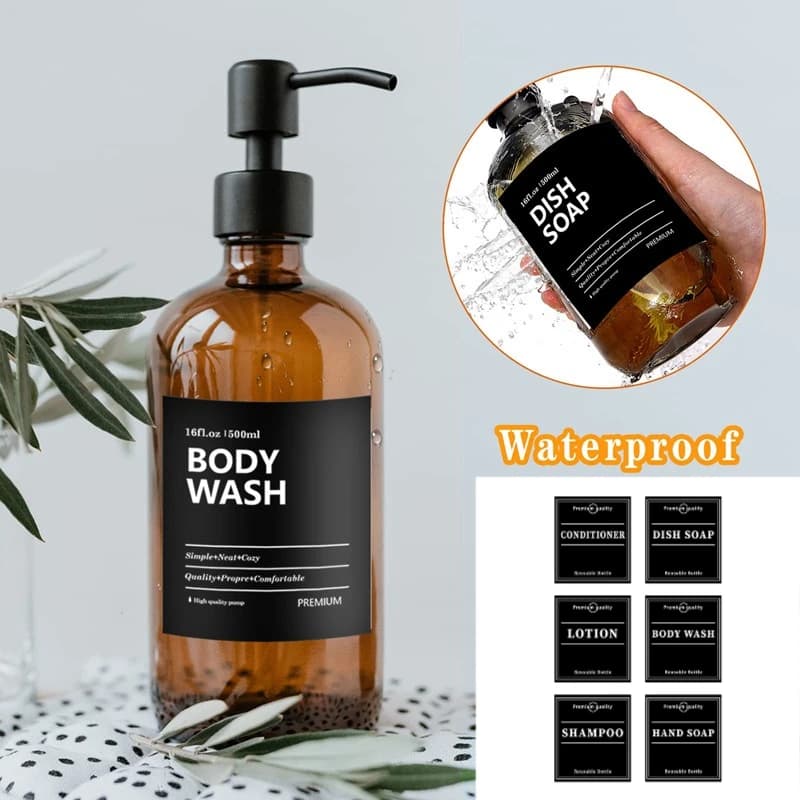 6PCS Nero Impermeabile Dispenser di Sapone Etichette Lozione Etichetta Sapone Mani Shampoo Balsamo Lavaggio Del Corpo Bagno Doccia Bottiglia Adesivi