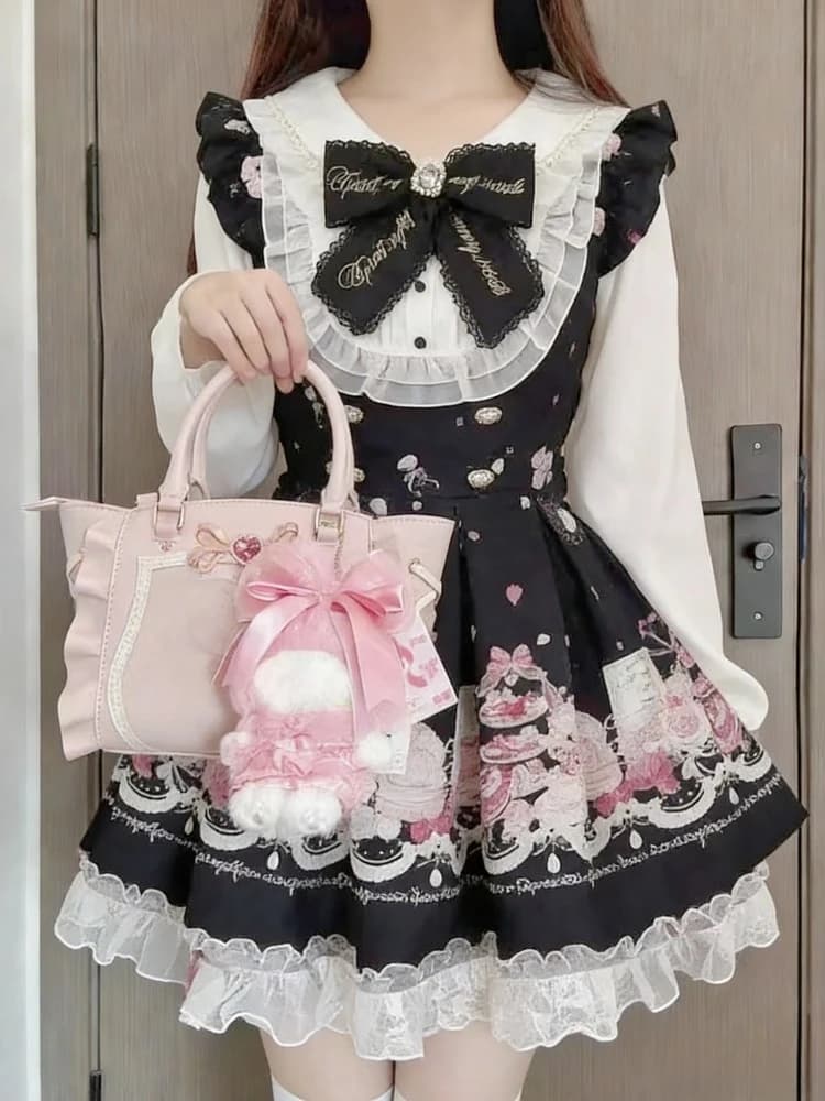 Set di abiti giapponesi da 2 pezzi Set di pantaloncini con fiocco da donna Set di abiti con camicia scozzese a maniche lunghe dolce Lolita Abiti Kawaii Lolita Y2k