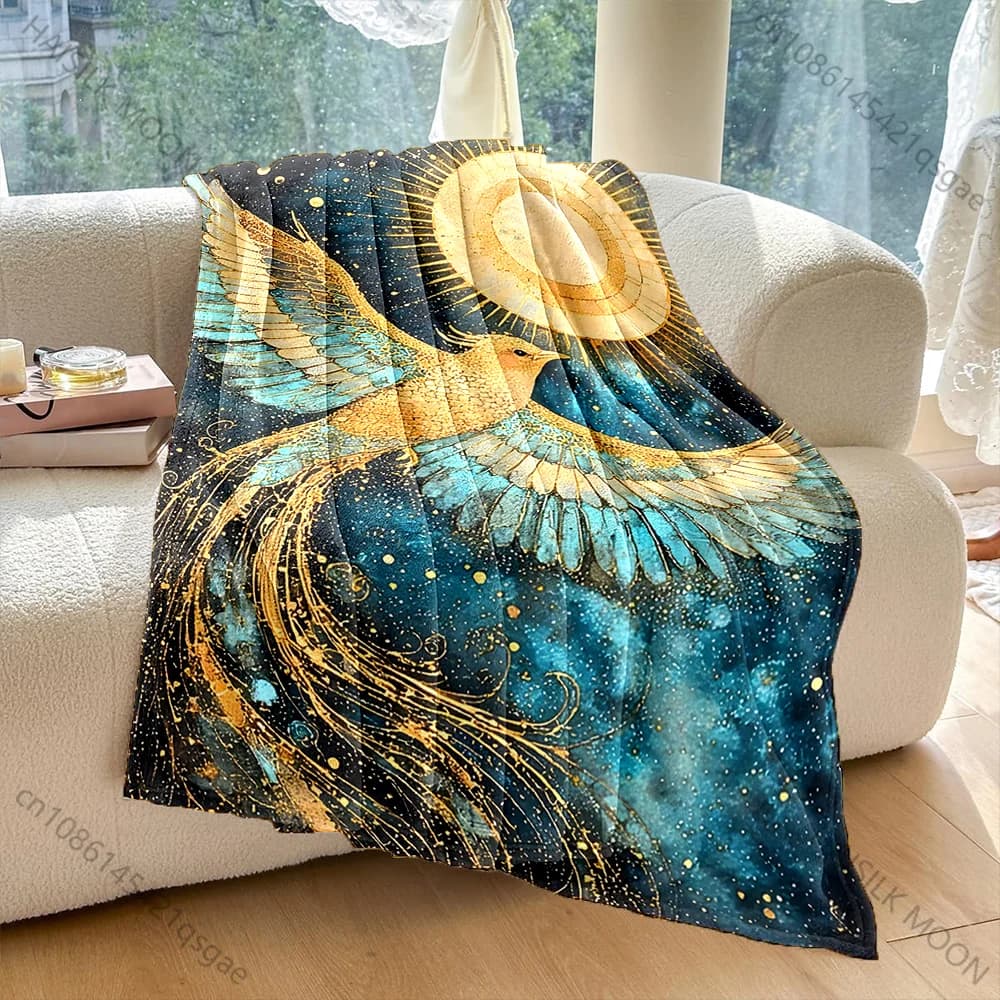 1PC Coperta calda con stampa Golden Phoenix Soars to Sun per adulti e bambini, per casa, viaggi, auto, morbida e confortevole, adatta a tutte le stagioni
