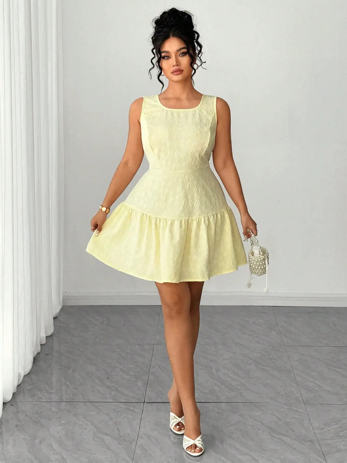 Light Yellow Sleeveless A-Line Dress With Floral Jacquard And Back Bow Ruffle Tiered Summer Casual Dress