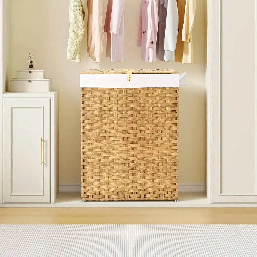 Laundry Hper With Lid, 90L Clothes Hper With 2 Removable Liner Bags & 2 Mesh Laundry Bags, Handwoven Synthetic Rattan Laundry