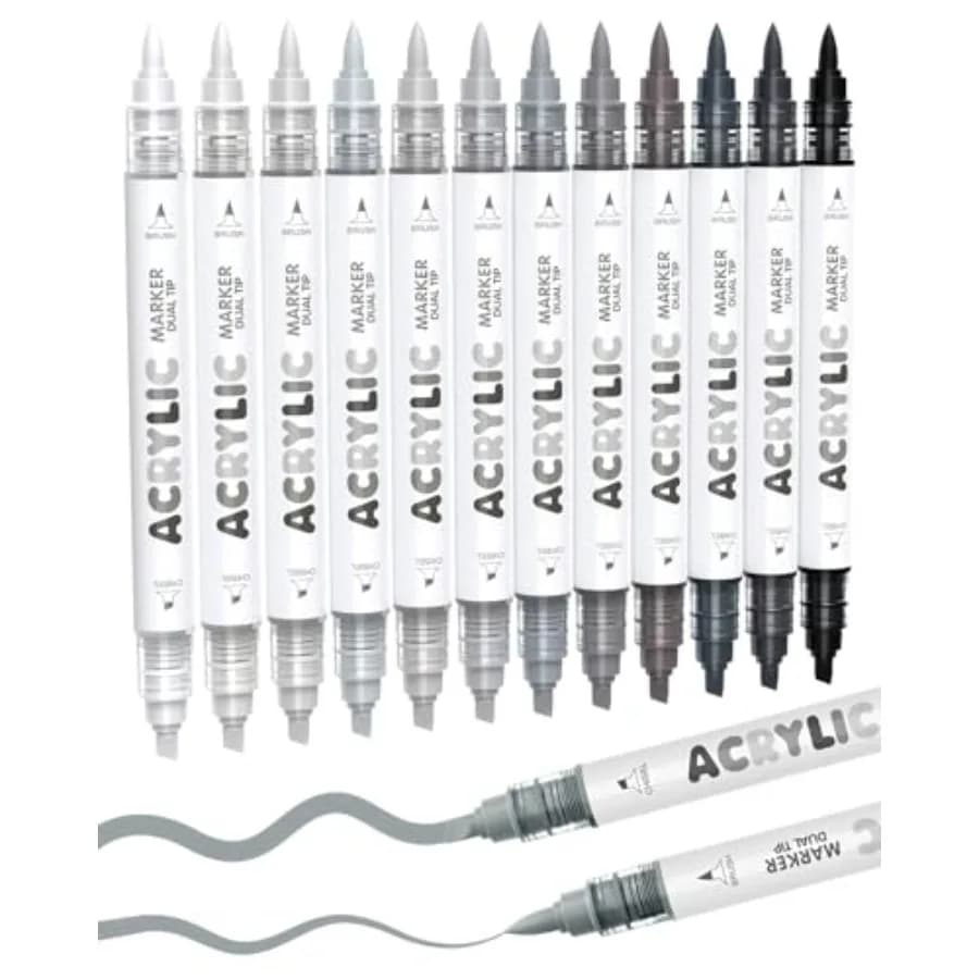 12 Dual Tip Acrylic Paint Markers, Brush Tip and Chisel Tip Acrylic Paint Pens for Rock, Wood, Glass, Paper, Coloring Book, Cer