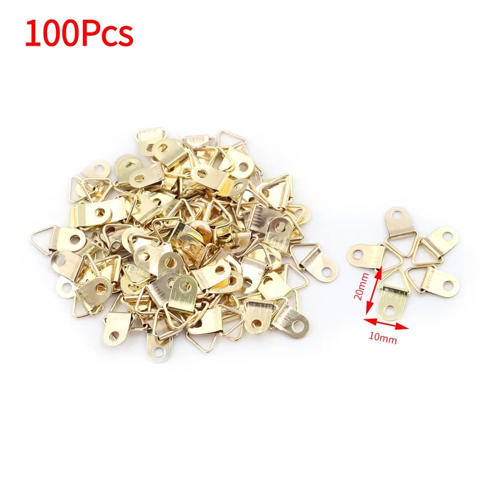 100Pcs Mini Golden Triangle D-Ring Picture Oil Painting Mirror Photo Frame Hook Hanger 10x20mm Furniture Accessories.
