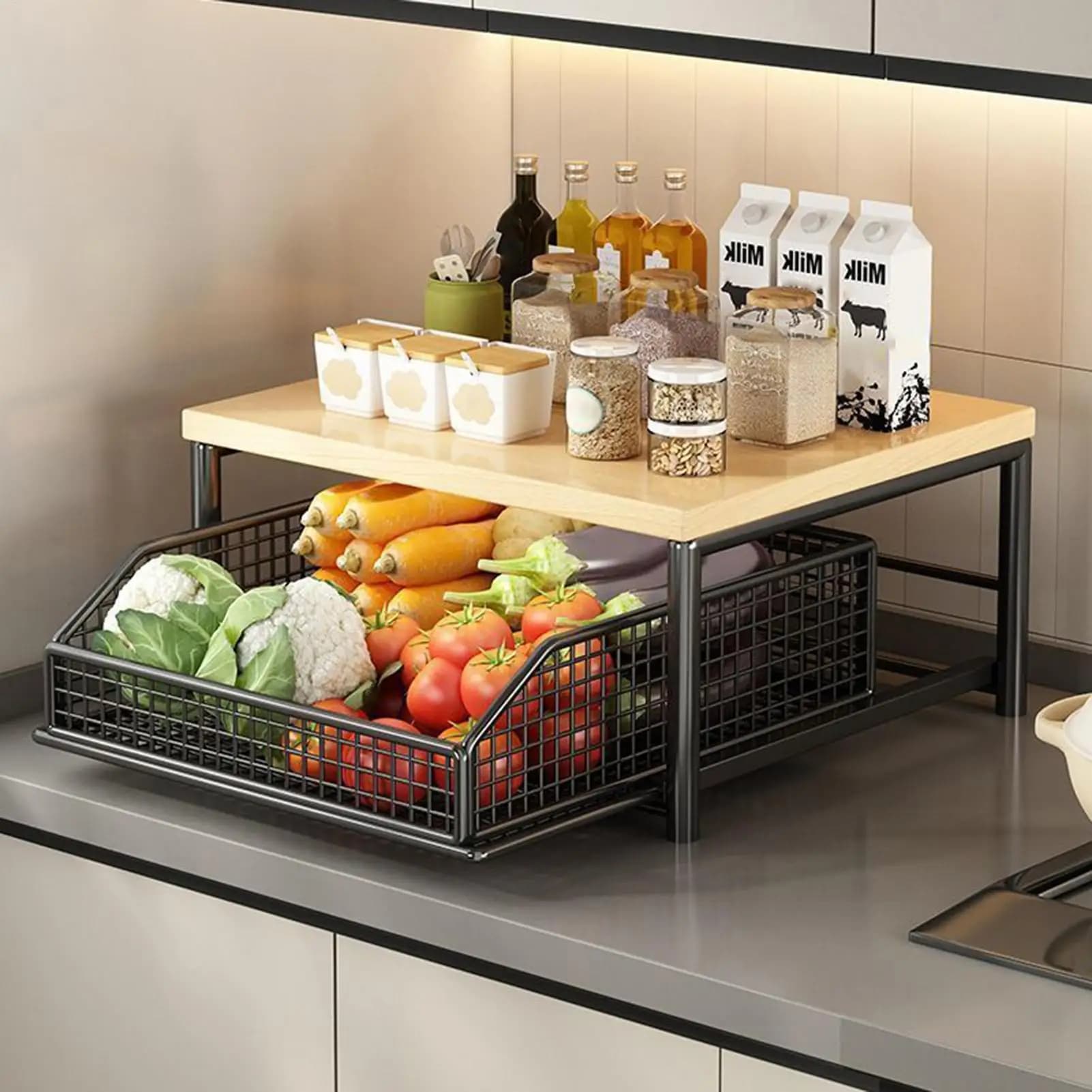 Scaffale da Cucina con Cassetto per Frutta, Verdura, Forno a Microonde, Pentole, Piatti, Spezie - Organizzatore per Casa e Appartamento