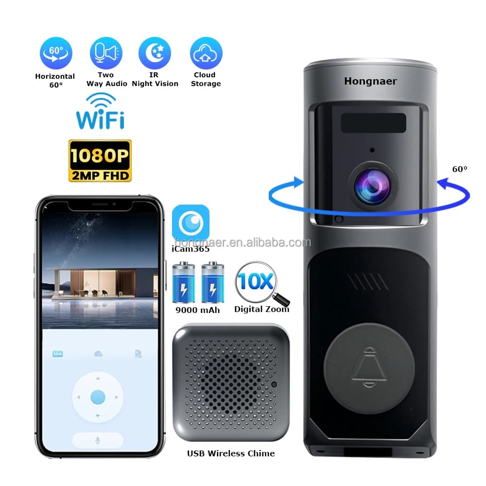 2MP WiFi Casa Batteria Citofono Campanello per porta intelligente Anello Campanello Telecamera ICam365 WiFi Campanello video wireless intelligente