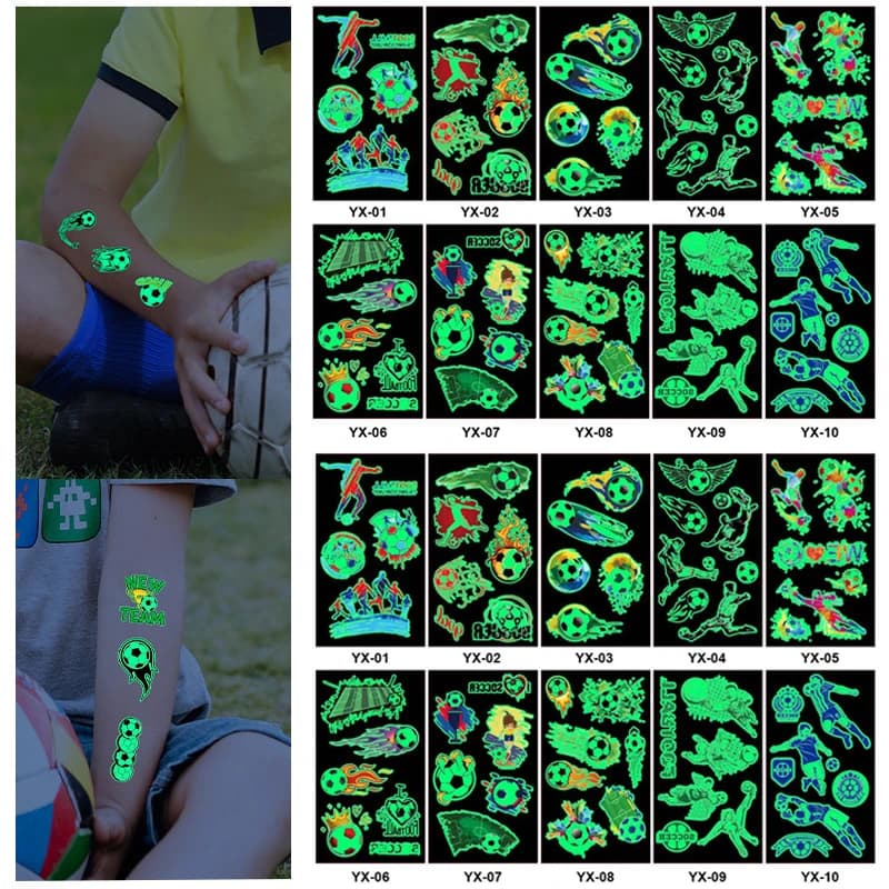 10 pezzi/set adesivi per tatuaggi temporanei luminosi a forma di pallone da calcio, decorazioni divertenti, tatuaggi impermeabili per tifosi di calcio, ideali come regali per feste