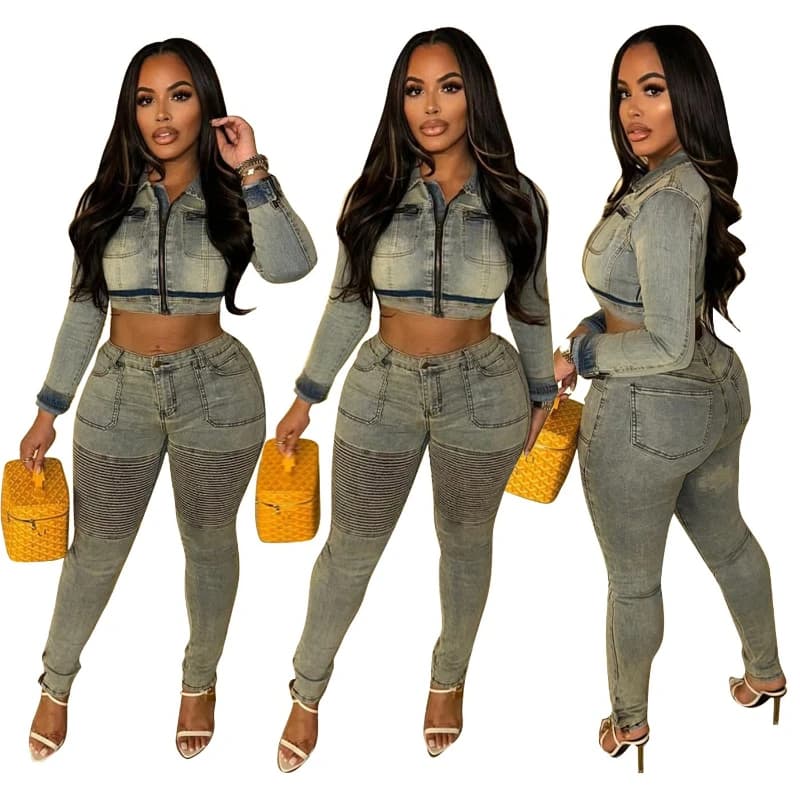 Women Pencil Pant Sets Two Piece Set Slim Fit Short Coats Zipper Lapel Tops Streetwear Pockets Sheath Pants Y2k Streetwear