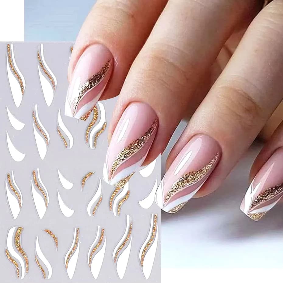 1 pz oro glitter design francese adesivi per unghie bianco argento linee curve strisce onda decalcomanie per unghie slider riflettenti involucri per manicure