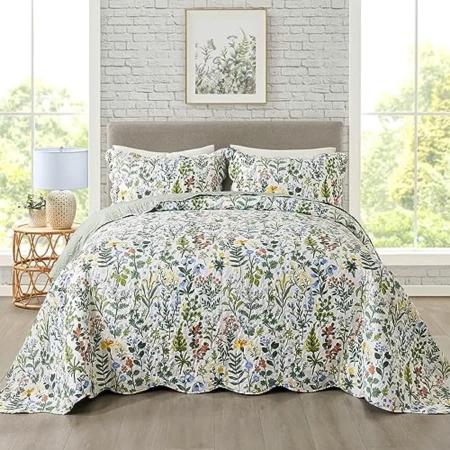 Set Copriletto Trapuntato 3 Pezzi, Coperta Leggera Trapuntata Stile Giardino con Stampa Floreale, Set Biancheria da Letto Trapuntata Oversize con Sha