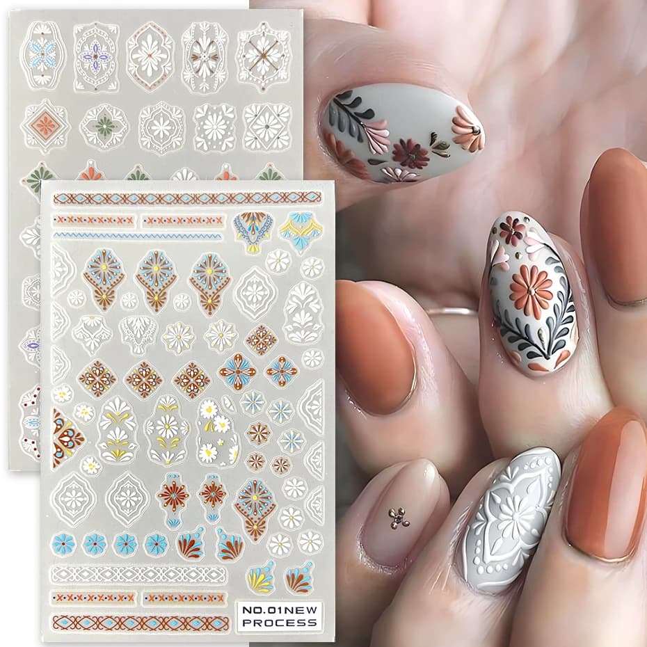 3D Bohemian Matte Nuovo adesivo per unghie Charms Ricamo Boho Design Manicure Fiore viola Vite Decalcomanie Accessori per nail art Cursori