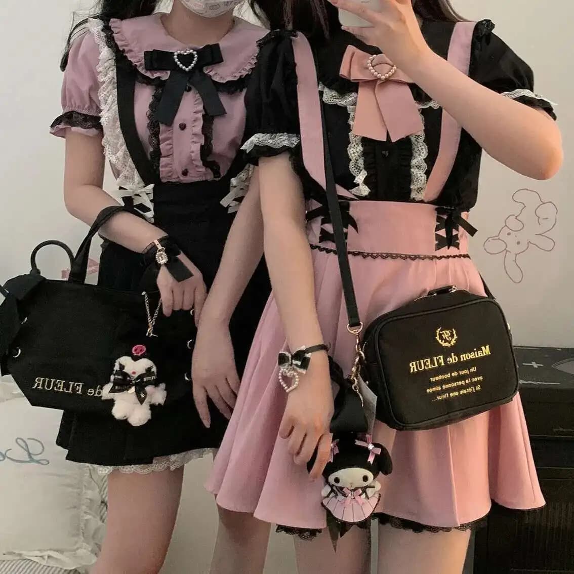 Abito generale rosa nero Gonna a trapezio in pizzo Kawaii giapponese quotidiano per ragazze Landmine Style Jirai Kei Fashion Cute