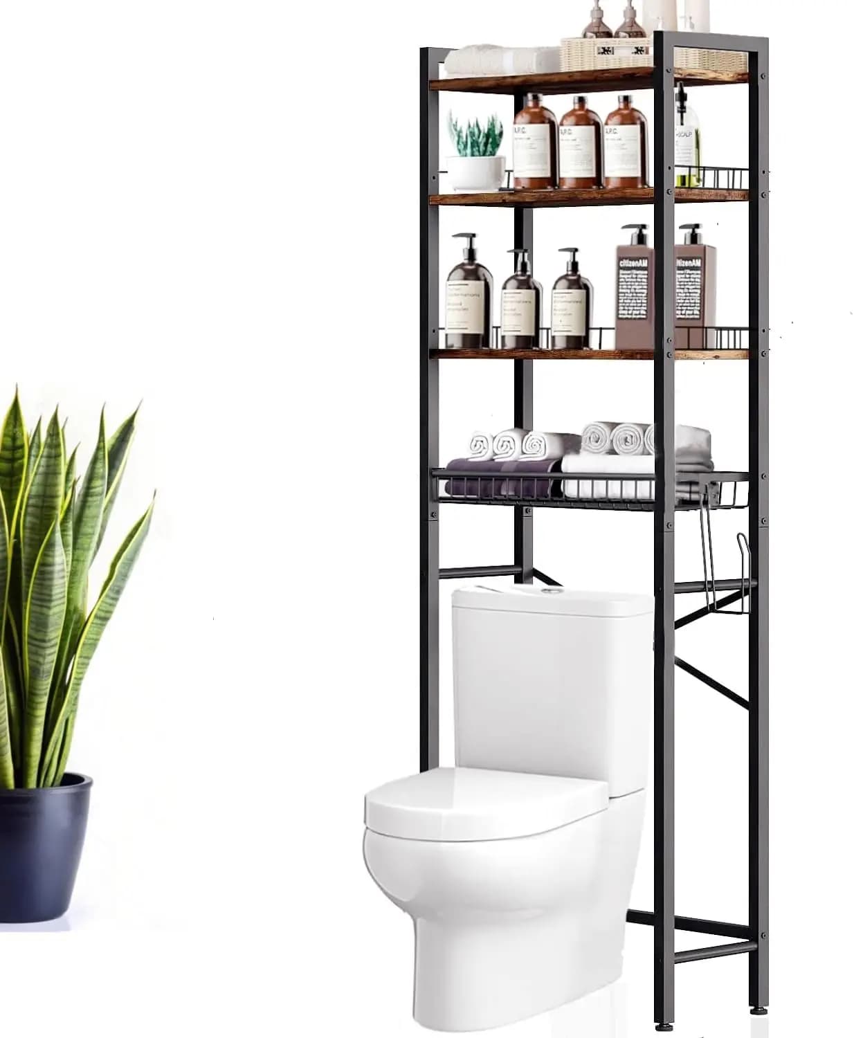 Mensola organizer da bagno a 4 livelli sopra WC Mensola da bagno regolabile sopra WC con portarotolo e 4 ganci, marrone