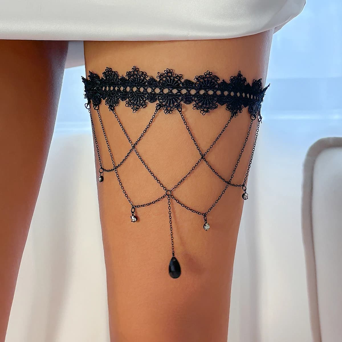 Ingemark Boho Elastic Belt Chain Black Lace for Women Bikini Summer Festival Party Body Jewels Wedding Accessories Gift