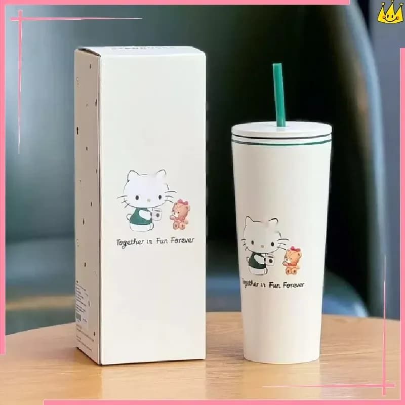 Nuova tazza termica con simpatico gatto dei cartoni animati, tazza con cannuccia in acciaio inossidabile, semplice ed elegante, portatile per viaggi e campeggio.