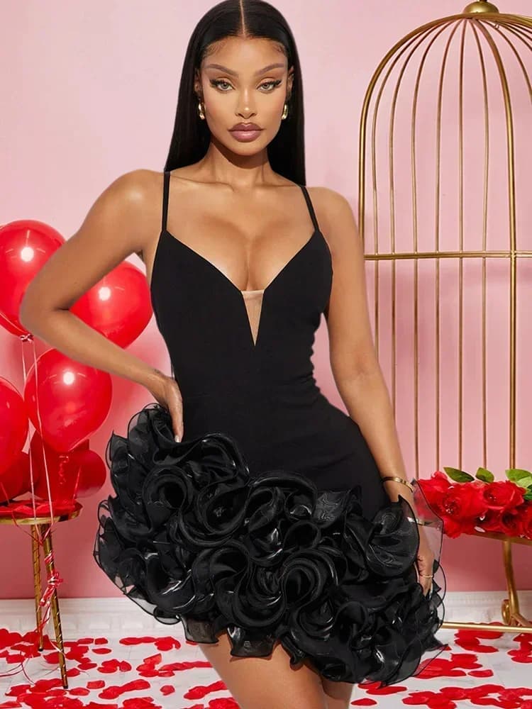 Bellissimo mini abito rosso con volant Abito da sera di lusso da donna Cinghie glamour Abito da cocktail natalizio aderente Abiti di Capodanno