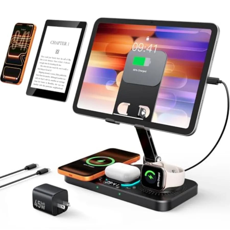 Stazione di Ricarica 6 in 1 da 45W per Dispositivi Apple con Orologio e Luce, Supporto di Ricarica Rapida 20W Pieghevole per iPad/Tablet Wireless