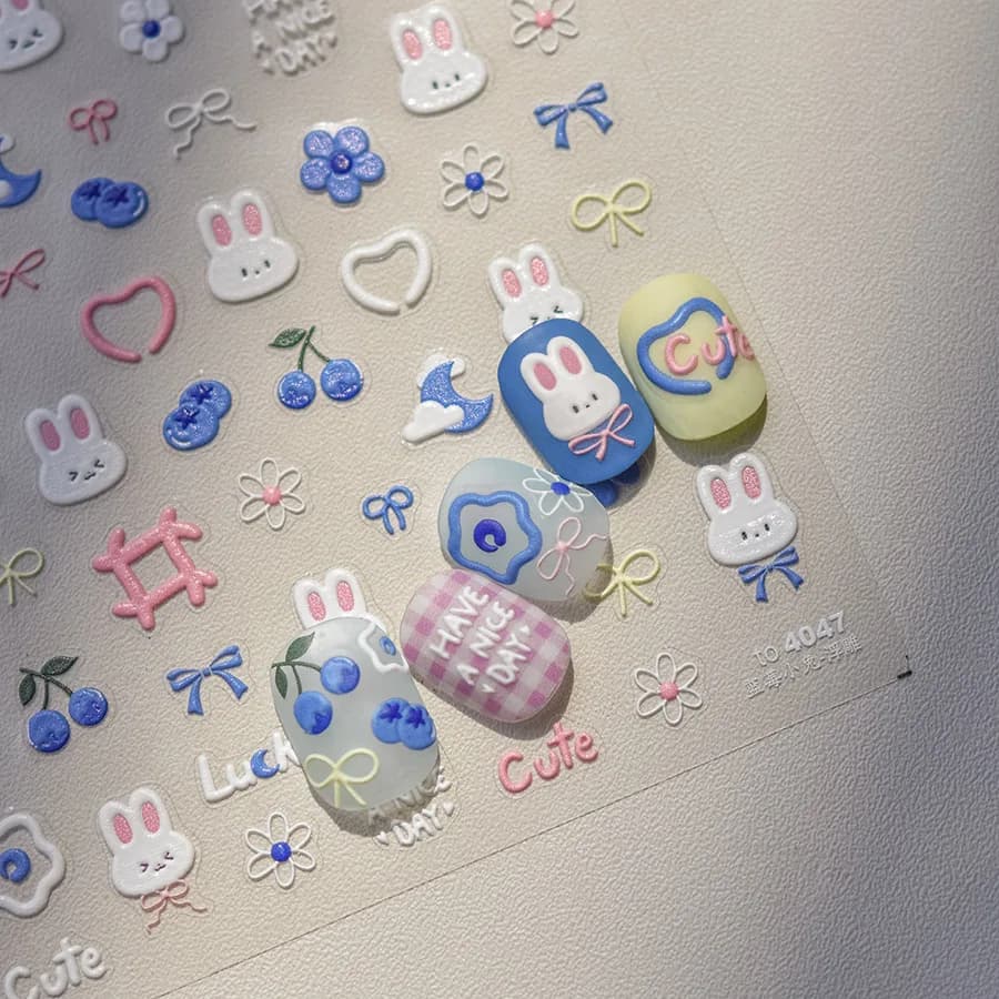 1pcs 5D Cartoon Pink Blue Flower Kawaii Rabbit Nail Stickers Embossed Adhesive Nail Art Decorations Decals Slider DIY Accessory