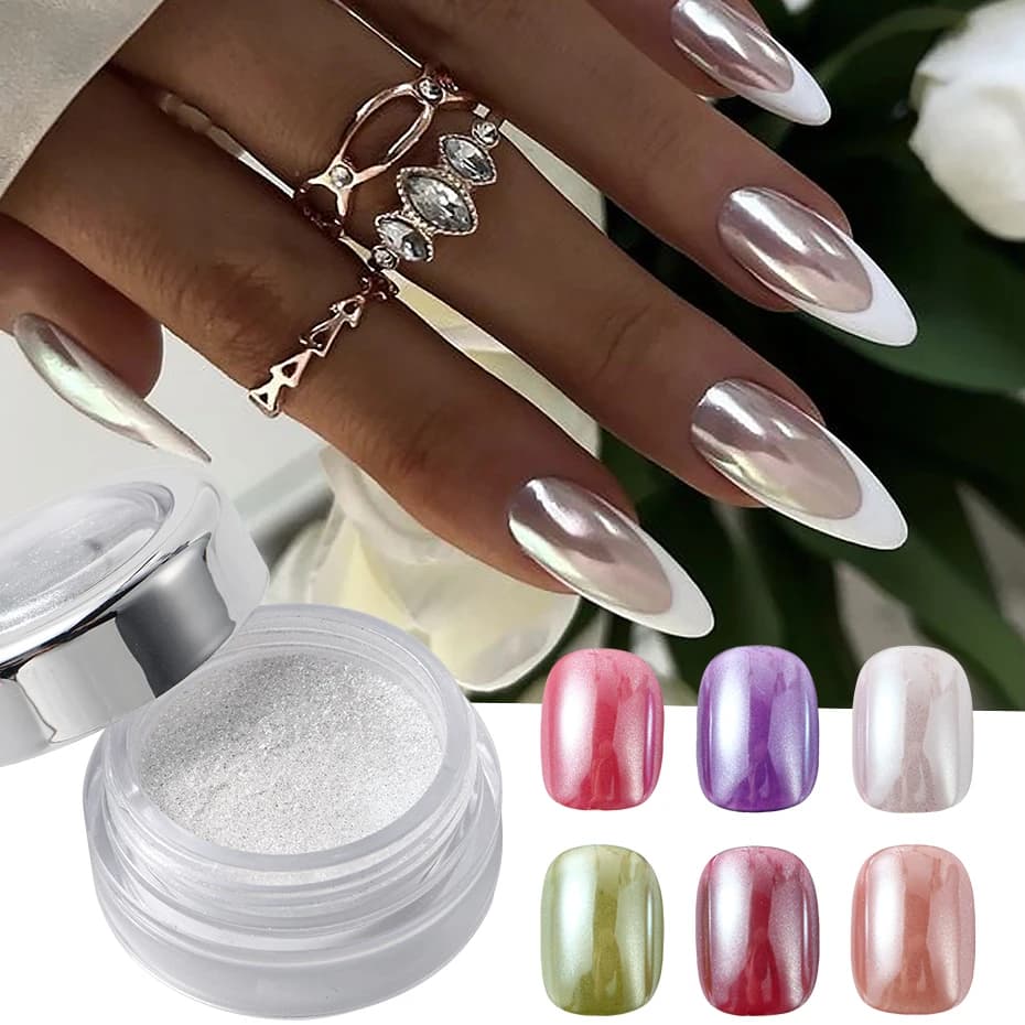 Unghie bianche perlate Polvere glitterata Cromo Luce di luna Bianca Sfregamento su polvere Conchiglia argento Specchio Pigmento Decorazione per unghie
