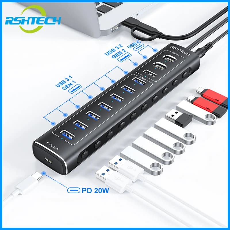 Hub USB 3.1 RSHTECH da 60 W 10 Gbps per MacBook portatile con 7 porte USB 3.0 e stazione dock per trasferimento dati splitter USB in alluminio PD da 20 W
