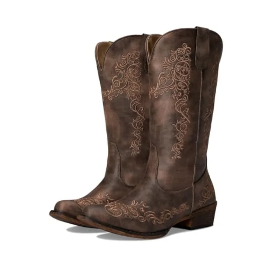 Women's Riley Scroll Western Boot 12" Shaft Vintage Boots, Snip Toe Boots, Flexible TPR Outsole and Padded Insole