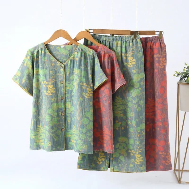 Vintage Botanical Print Pajama Set Women Cotton Linen Loungewear Artistic Retro Sleepwear Elegant Women Mother's Day Gift