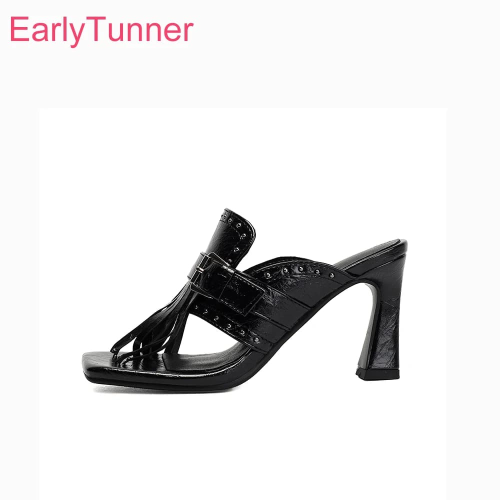 Summer Fashion Black Women Slippers Tassel Square Toe High Heel Lady Slides Large Plus Size 43 45 48 Non-slip