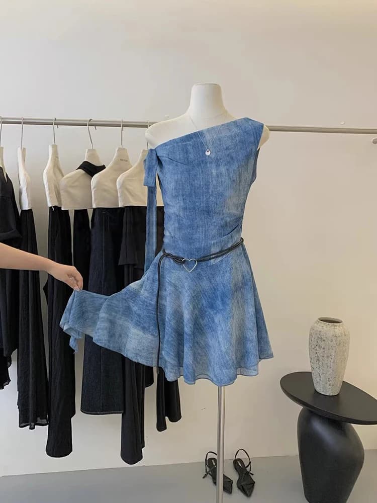 Blue Asymmetrical Short Dress Women's Summer New Style Slimming A-Line Skirt Sleeveless High Waist Korean Style Commute Dress