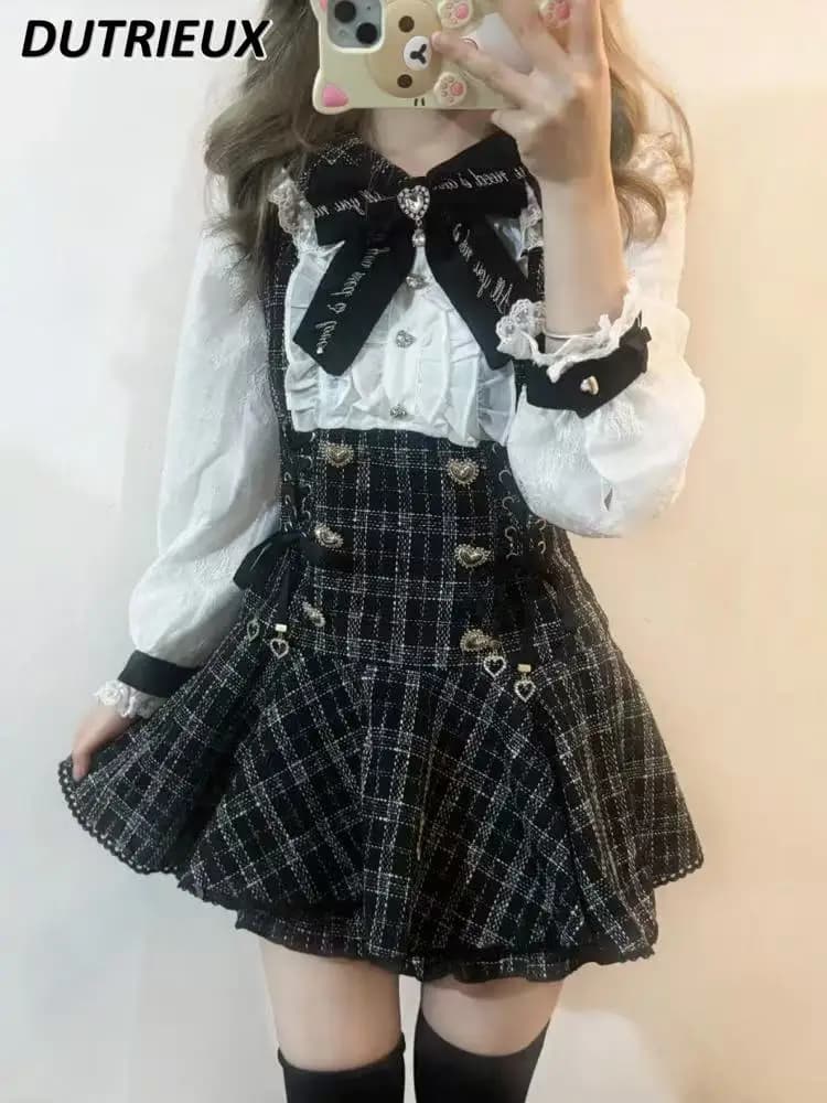 Primavera Autunno Nuovo giapponese dolce industria pesante camicia a maniche lunghe stile college Spice Girl abito a vita alta e abito corto