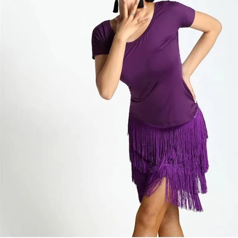 Set Gonna per Danza Latina da Donna, Costume da Ballo Quadrato Asimmetrico a 4 Strati con Frange