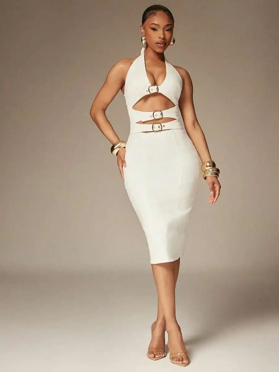 Abito Bianco con Scollo all'Americana e Dettagli con Fibbia, Sexy Vestito per Vacanze e Brunch, Primavera