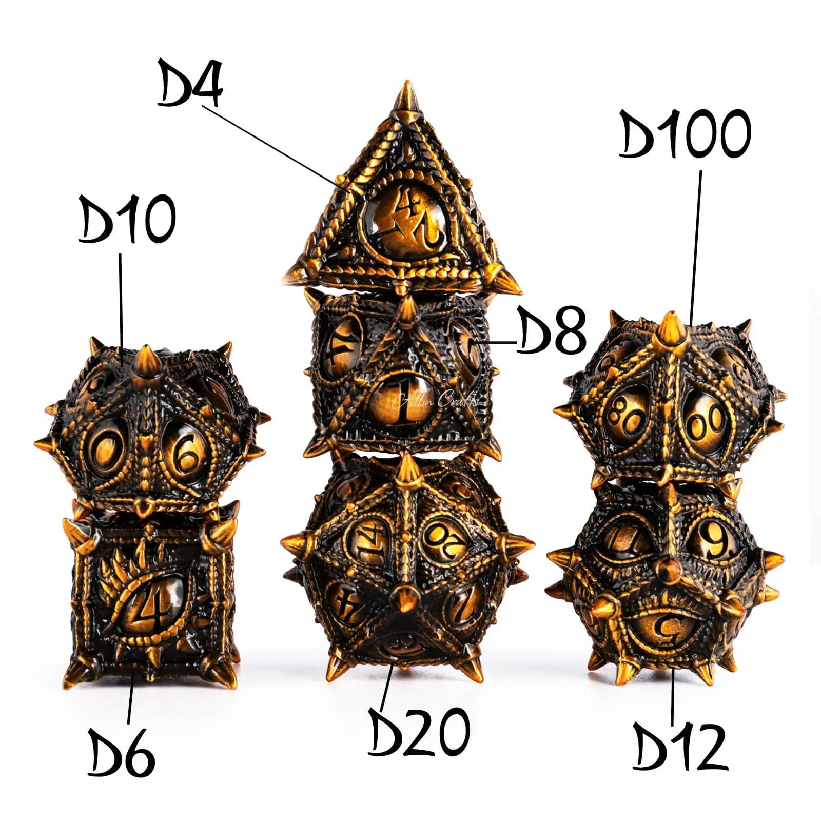 1-7 pezzi Set di dadi DND in metallo per Dungeon and Dragons Pathfinder Dnd Gioco Dice Player Edge Dice RPG Dadi poliedrici Oro antico