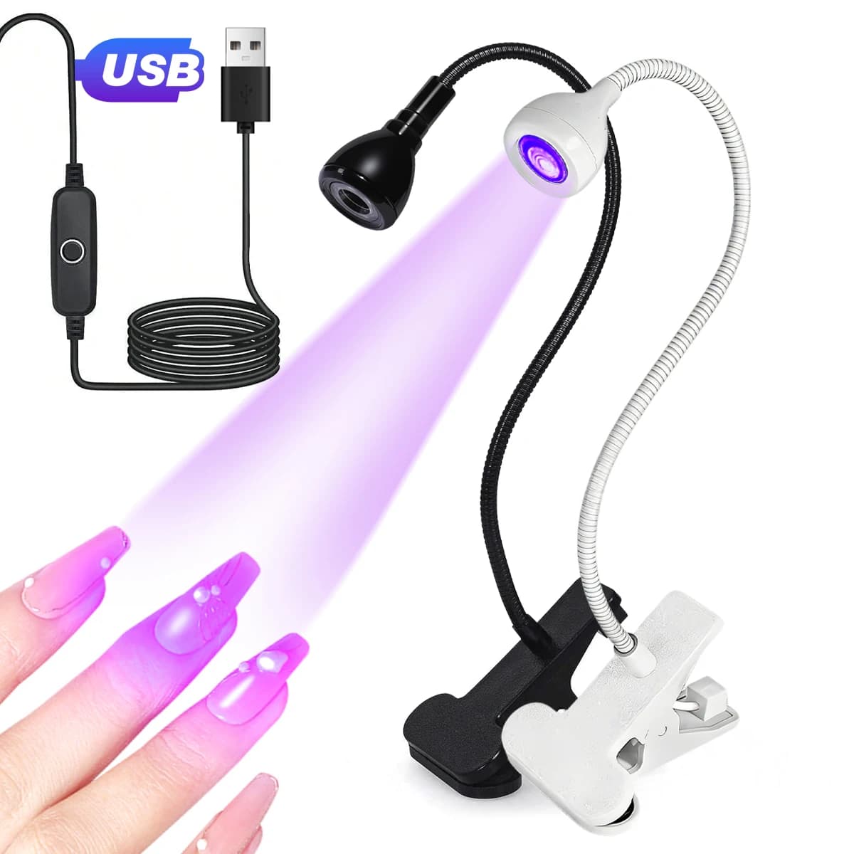 Quick-drying nail lamp Desk lamp with USB clip Free 360-degree rotation Light Nail polish UV light Purple light Fast drying