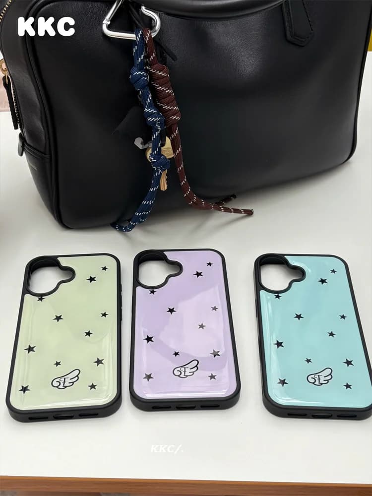 Custodia per iPhone XR/11/12/13/14/15/16/17 ProMax estiva viola e gialla con stelle, bordo in resina epossidica anti-caduta, stile INS coreano