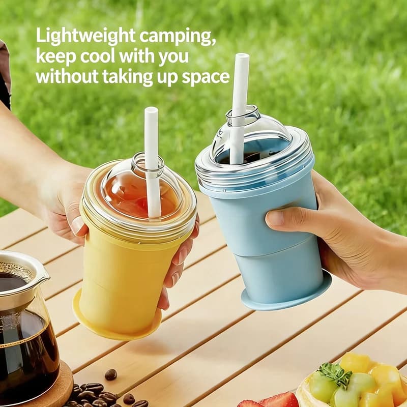 Stampo per Ghiaccio 2-in-1 Pieghevole in Silicone con Coperchio e Cannuccia, Tazza da Viaggio Portatile Riutilizzabile Anti-perdita per Campeggio Estivo