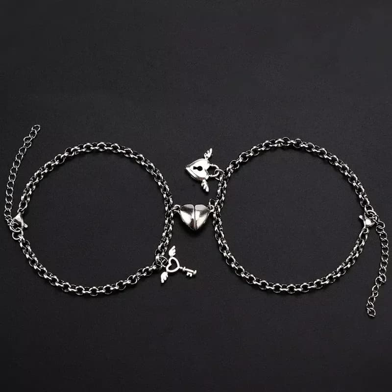 1Pair Romantic Couple Bracelet for Women Men Heart Magnet Lock Key Double Layer Chain Bracelet Trendy Lover Jewelry Gifts