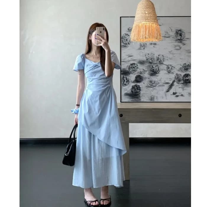 Korean Style Irregular Splicing Bubble Sleeve Dress Pleated Slimming Long Dress French Style A-Line Skirt Short Sleeve V-Neck