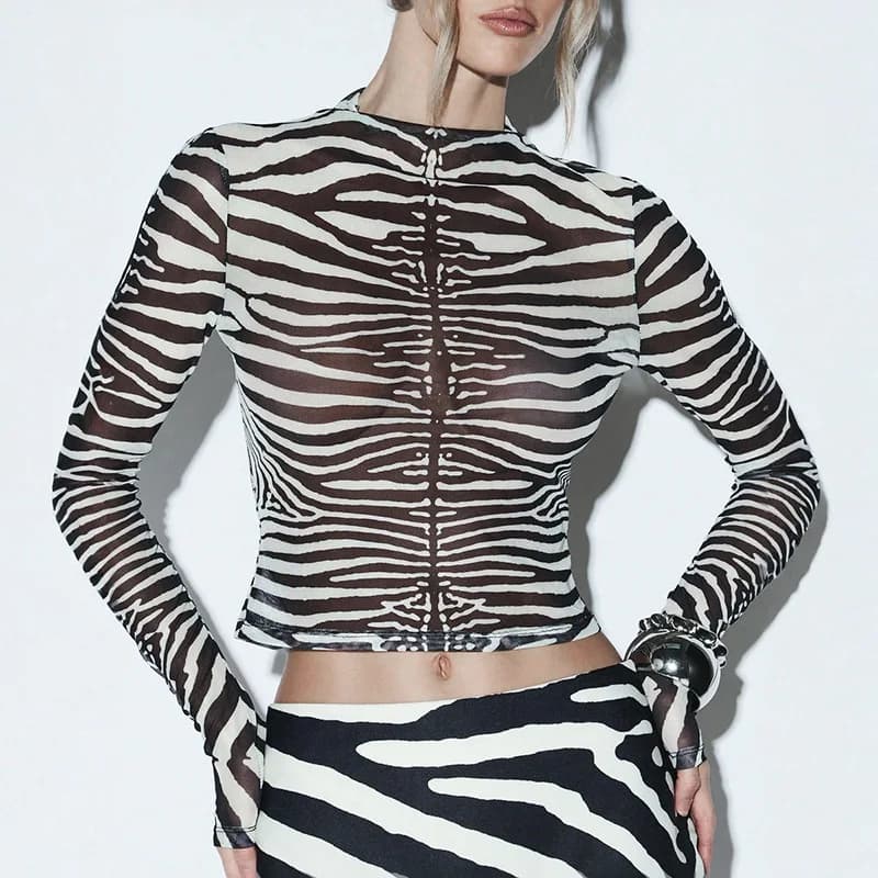 Nuova T-shirt da donna a maniche lunghe, slim fit, con stampa zebrata, stile Hot Girl