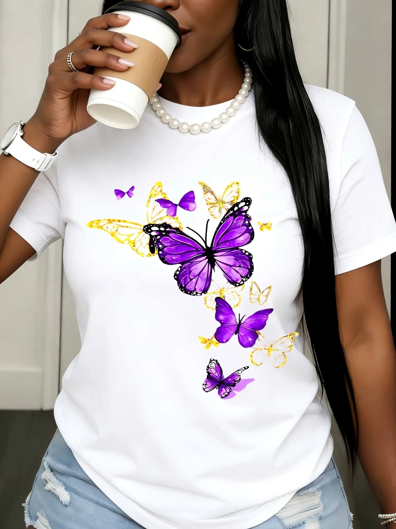 Casual Black T Shirt Vibrant Purple And Yellow Butterfly Print Graphic Tee For Women Summer Daily Wear