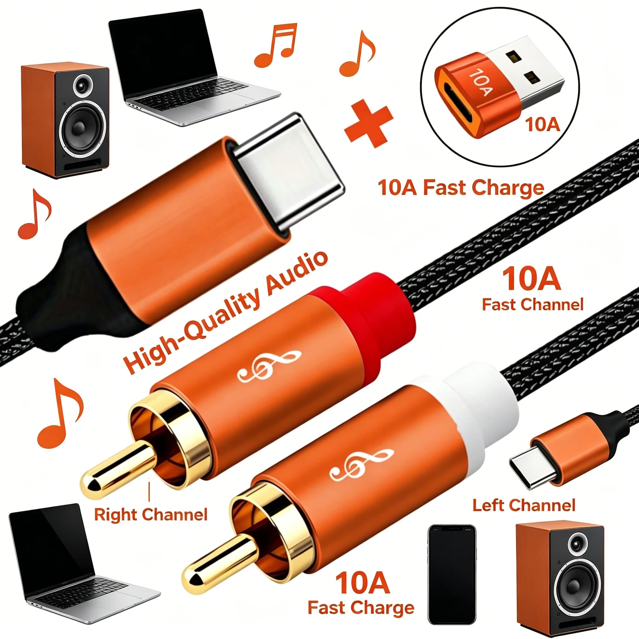 Cavo audio da tipo C a doppio RCA con adattatore USB OTG da 10 A, cavo audio Hi-Fi intrecciato per altoparlante, amplificatore, telefono, fotocamera, laptop