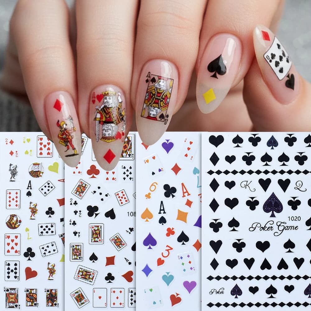2/4 Pezzi Adesivi 3D Divertenti a Forma di Carte da Poker per Unghie, Cuori, Picche, Biche, Decorazioni Creative per Nail Art