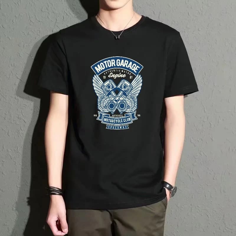 Men's Black Round-Neck Short-Sleeved T-Shirt, Retro Motorcycle Engine Print Top, Street Fashion, Cool, Casual, Versatile, Everyday Wear, Sports, Breathable and Comfortable Style