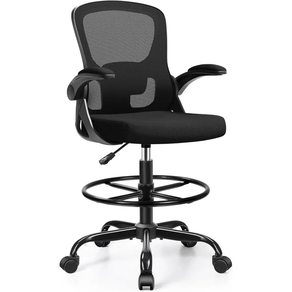 Sgabello da ufficio ergonomico regolabile con braccioli girevoli, poggiapiedi e supporto lombare per studio, artista, ingegnere e studio di apprendimento (Nero)