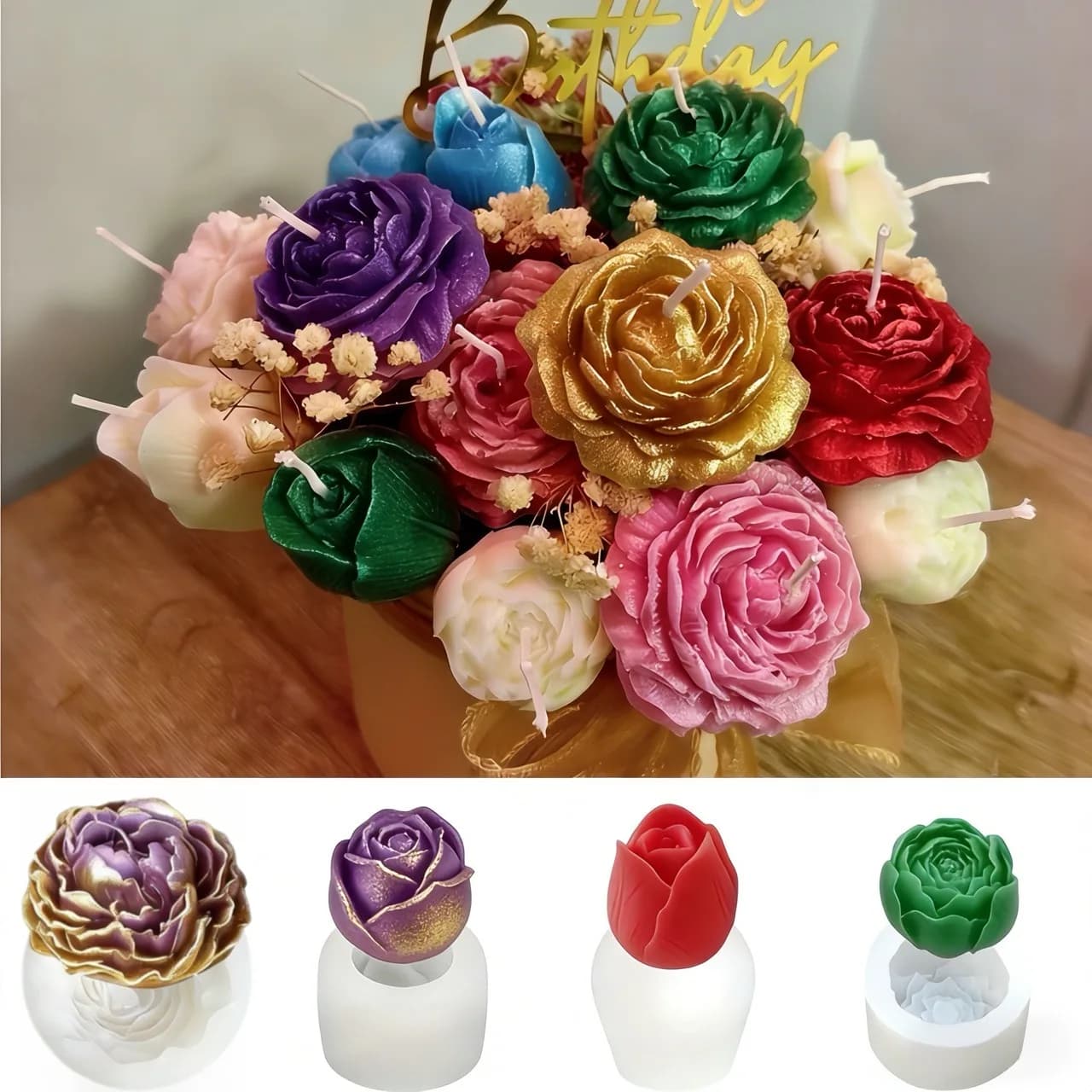 Set di 4 Stampi per Candele, Stampi a Forma di Bouquet Floreale - Peonia, Rosa, Tulipano e Bocciolo di Rosa, Stampi per Resina, Candele e Sapone, Adatti per Decorazioni Fatte a Mano, Creazioni per Matrimoni e Regali Festivi (San Valentino, Festa della Mamma, Compleanni, Natale, Pasqua)