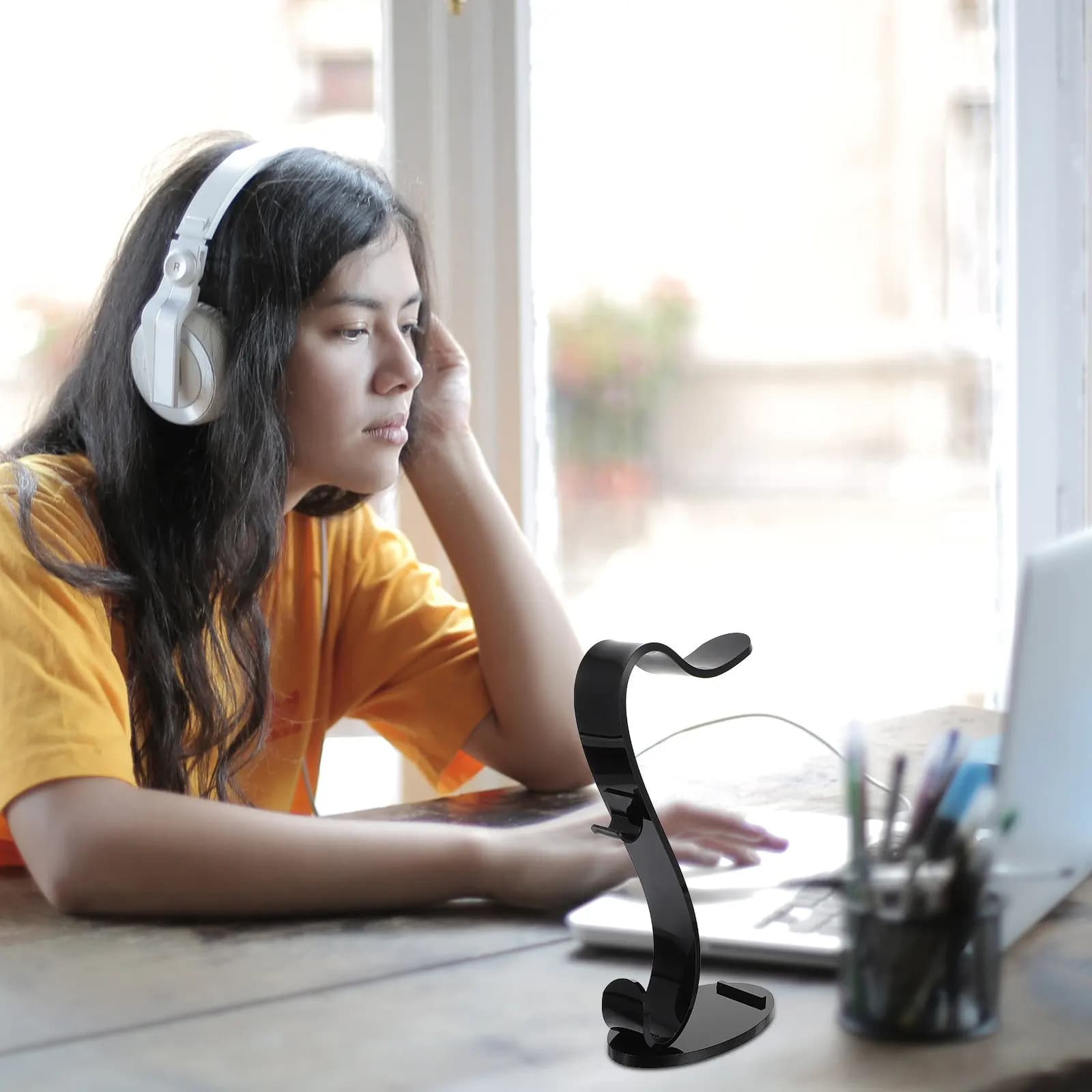 Supporto da scrivania per cuffie in acrilico a forma di S, design elegante per la maggior parte delle cuffie over-ear, per casa, ufficio, sala giochi, porta cuffie.