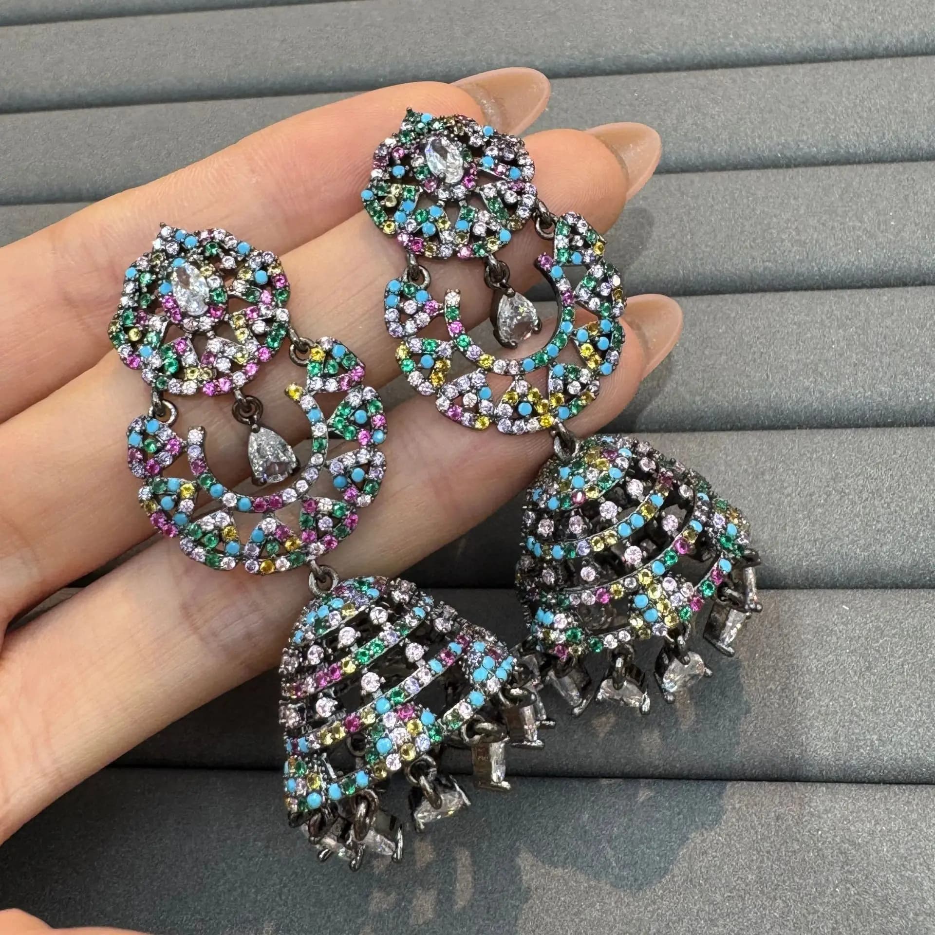Orecchini grandi con zirconi multicolori per le donne, cene, gioielli di lusso, regalo di anniversario, orecchini pendenti da donna