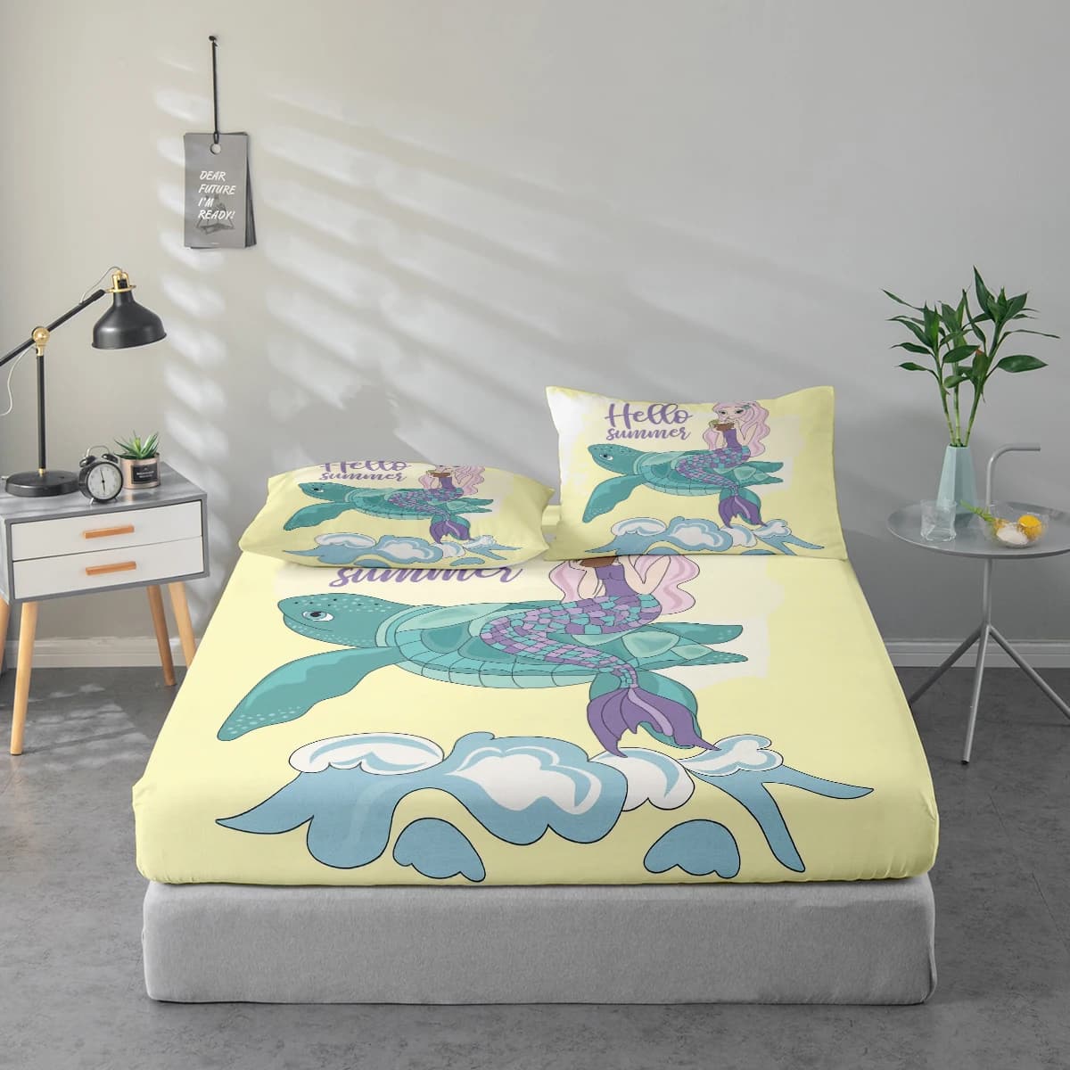 Set of linens with print motif mermaid Hello Summer, combination of protectors-mattress and pillowcase, set of high-definition printed sheets includes 1 sheet with corners + 1 or 2 pillowcase (1 pillowcase for 60*100cm and 1 or 2 pillowcase for 72*132cm, the rest of the sizes has 2 pillowcases), suitable for bedroom and guest room, bed linen in ultra soft polyester, washable in washing machine