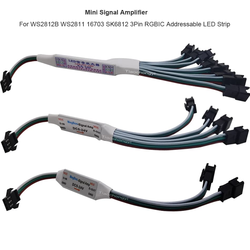 Mini repeater signal amplifier for WS2812B WS2811 16703 SK6812 3 pin RGBIC directable LED strip string module from 1 to 4/8 5-24 V
