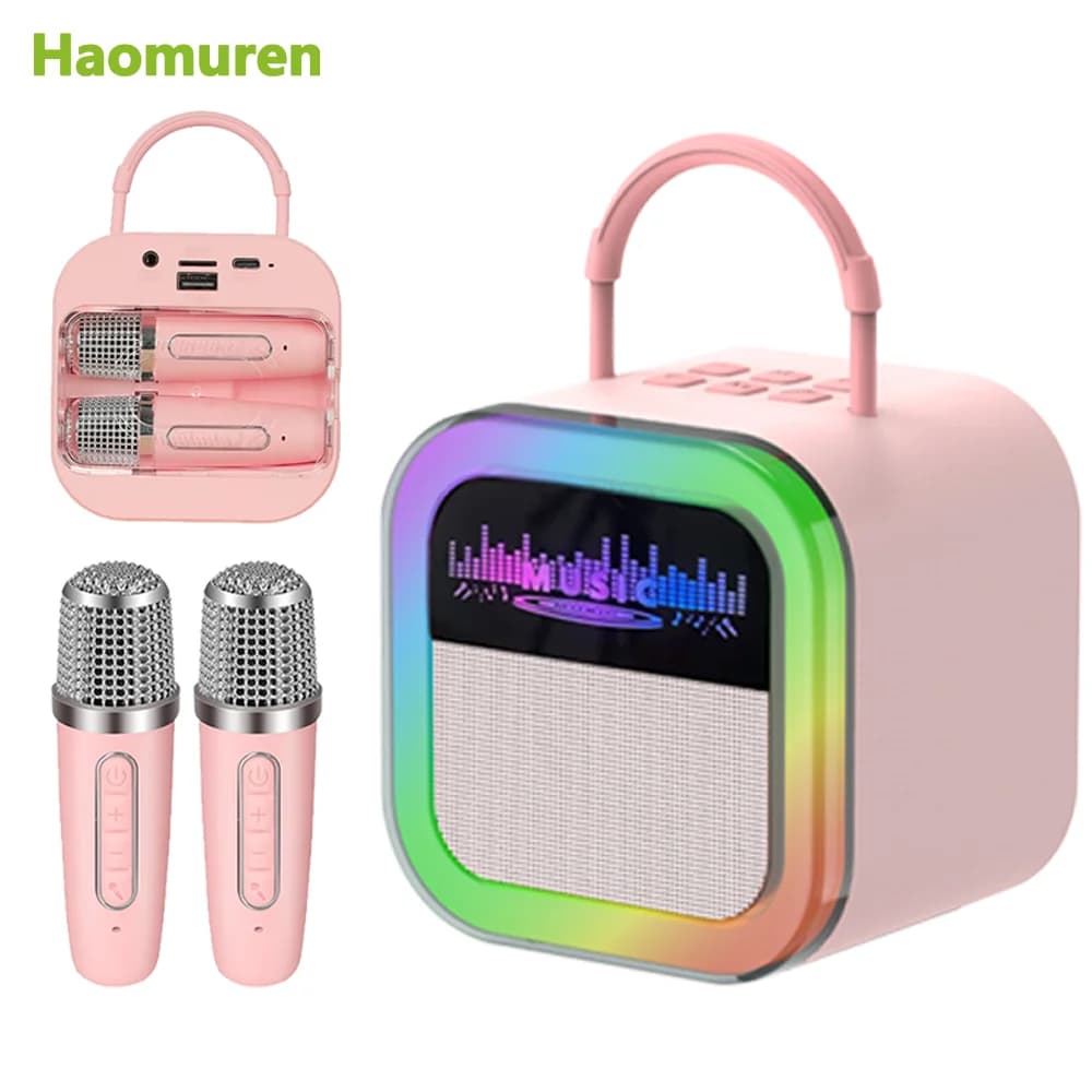 Haomuren Altoparlante Karaoke Bluetooth portatile con 2 microfoni di distorsione Mini macchina Karaoke per bambini Riunioni di famiglia all'aperto